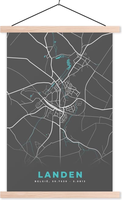 Posterhanger incl. Poster 40x60 cm - Schoolplaat - Stadskaart – Grijs - Kaart – Landen – België – Plattegrond - Textielposter - Blanke latten - Stadskaart