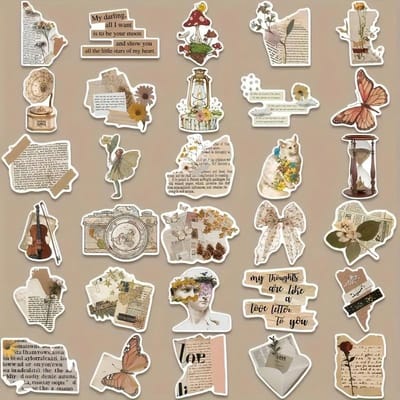 Vintage Esthetische Sticker Pakket, Set van 30 stuksWaterdichte PVC Decals voor Telefoonhoesjes & Notitieboekjes met Inspirerende Citaten & Vlinder Ontwerpen
