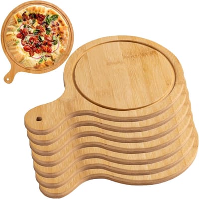 Pizza Serveerplank - Dienblad Handgrepen - Pizza Maken Opslag - Natuurlijk Bamboe Materiaal - Set van 8 - Lichtbruin