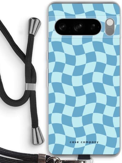 Case Company® - Hoesje met koord geschikt voor Google Pixel 8 Pro hoesje met Koord - Grid Blauw - Telefoonhoesje met Zwart Koord - Bescherming aan alle Kanten en Over de Schermrand