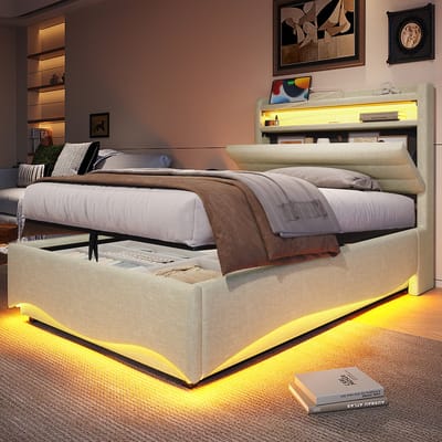 Opbergbed - 90x200 cm - Met LED En Hydraulische Opbergruimte - Zonder Matras - Linnen - Beige