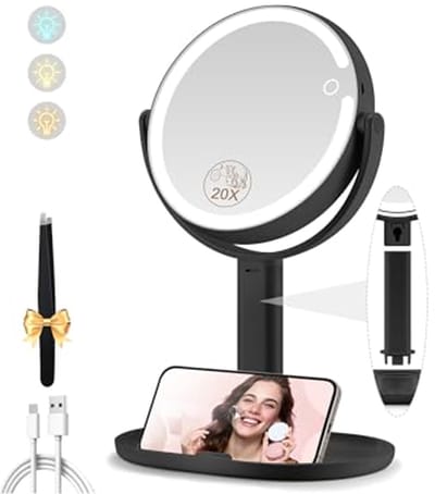 Make-up Spiegel Met Verlichting - Dubbelzijdige 1x/20x Vergrotende Spiegel, Oplaadbare 3-Kleurenverlichting, 360° Draaibaar