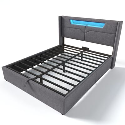 Gestoffeerd bed met ledverlichting, tweepersoonsbed met USB Type-C-oplaadpunt en ledverlichting, bed met opbergruimte, linnen bedframe, tienerbed van 140x200 cm met lattenbodem (inclusief matras).