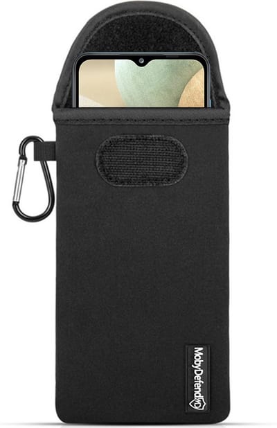 MobyDefend Hoesje - Geschikt voor Samsung Galaxy A12 / M12 - Neopreen Pouch Met Karabijnhaak - Insteek - Riemlus - Zwart