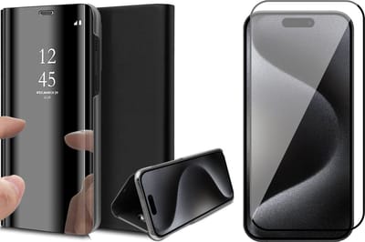 Hoesje geschikt voor iPhone 15 Pro - Screen Protector FullGuard - Book Case Spiegel Zwart & Screenprotector