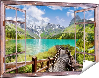 Gards Tuinposter Doorkijk Pad naar een Helder Blauw Meer in de Bergen - 120x80 cm - Tuindoek - Tuindecoratie - Wanddecoratie buiten - Tuinschilderij