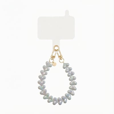 xoxo Wildhearts telefoonkoord met clip - Funky Hearts (Metallic wit) - Kort koord - Geschikt voor iPhone - Geschikt voor Samsung - Phone cord met koord clip - Easy Cord - Telefoonketting - Hartjes koord voor telefoon - Wit met goud