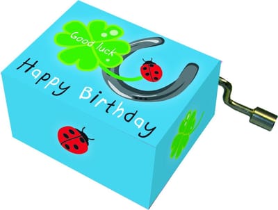 Fridolin Muziekdoosje: '' happy birthday'' hoefijzer, klaverblad, lieveheersbeestje