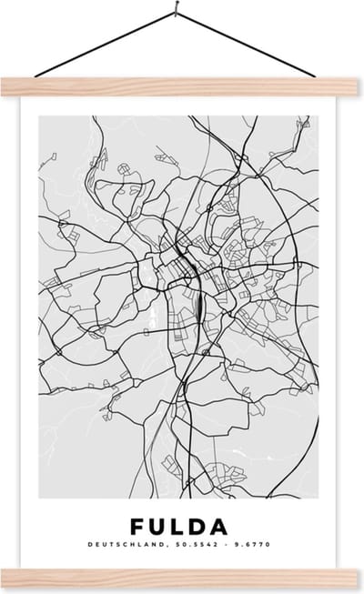 Posterhanger incl. Poster 40x60 cm - Schoolplaat - Fulda - Kaart - Stadskaart - Plattegrond - Duitsland - Textielposter - Blanke latten - Stadskaart