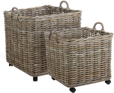 Mica Decorations Grote opbergmand - op wieltjes - bruin - 58 x 58 x 58 cm - rotan - gevlochten riet - grote mand - opbergen