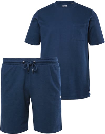 JP 1880 - Heren - Pyjama thuispak seersucker-jersey T-shirt - Navy blauw - Maat L