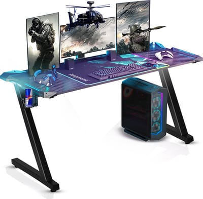 Xergonomic Game Bureau - Aurora Gaming Desk - Bureau met carbonfiber look - LED-Verlichting - Incl. beker-, koptelefoonhouder en kabelorganizer - B125xH75xL62 cm - Zwart