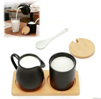 Melk en Suikerset, Suikerpot met Lepel en Deksel Keramische Melkkan Suikerpot met Houten Dienblad Magnetronbestendig en Vaatwasmachinebestendig