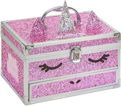Drie-etages make-upkoffer met eenhoornmotief - Roze, 20 cm