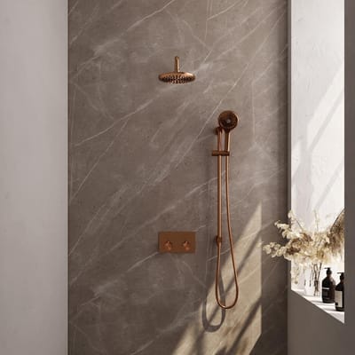 Brauer Copper Edition Thermostatische Regendoucheset Inbouw - Hoofddouche 20 cm - Gebogen Wandarm - Met Drukknoppen - Handdouche 3 Standen - Doucheslang - Geintegreerde Glijstang