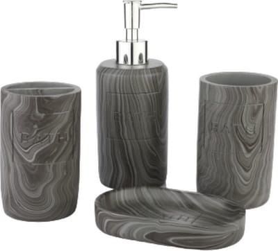 Badkamerset 4 Delig - Toiletaccessoires Set - Kunsstof - Zeeppompje - Tandenborstelhouder - Zeepschaal - Beker - Grijs