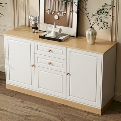 Sideboard met 3 deuren en 2 lades - Wit met houtlook en gouden ronde grepen - Tweekleurig design, ruime opbergruimte - Geschikt voor woonkamer en eetkamer