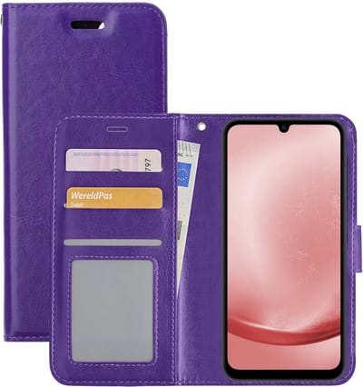 Hoesje - Met Pasjeshouder - Geschikt voor Samsung Galaxy A25 - Luxe Bookcase Portemonee - Flip Case - Kunstleer Book Case - Flipcase - Book Cover - Walletcase - Portemonneehoes - Paars