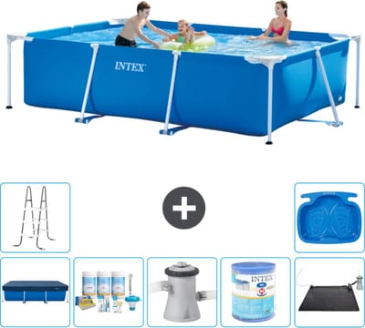 Intex Rechthoekig Frame Zwembad - 300 x 200 x 75 cm - Blauw - Inclusief Afdekzeil - Onderhoudspakket - Zwembadfilterpomp - Filter - Solar Mat - Ladder - Voetenbad - 8-delig