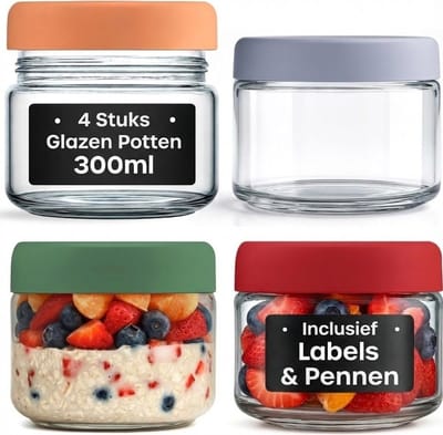 SNJY® Overnight Oats Potjes - Glazen Potjes met Deksel - Mason Jar - Weckpot - 4-Pack 300ml - Transparant