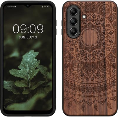 kwmobile telefoonhoesje geschikt voorSamsung Galaxy A26 5G - Hoesje met bumper - hout - In donkerbruin Indian Sun design