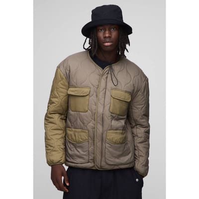 Regular Fit Kraagloze Gewatteerde Ripstop Colour Block Binnenvoering Jas | Olive | Size XS