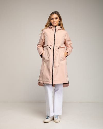 Lange trenchcoat met capuchon, ritssluiting, ritsdetails aan de zijkanten en een verstelbare taille