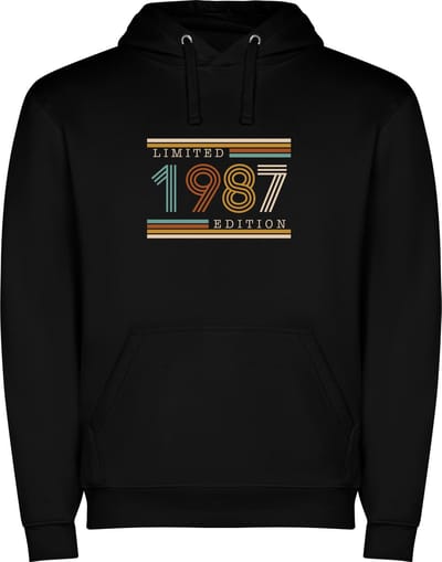 Zwarte unisex hoodie met “ Kleurrijke Limited Edition 1987 – Verjaardag – Leeftijd – Humor “ Print Full Color Color merk Roly maat S