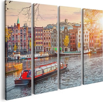 Artaza Canvas Schilderij Vierluik Amsterdamse Huisjes Vanaf De Grachten - 80x60 - Foto Op Canvas - Canvas Print