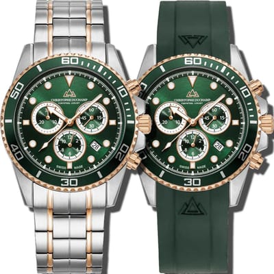 Christophe Duchamp Marine Chrono II (heren) – Groene Wijzerplaat met Zilverkleurige Kast en Groene Rubberband