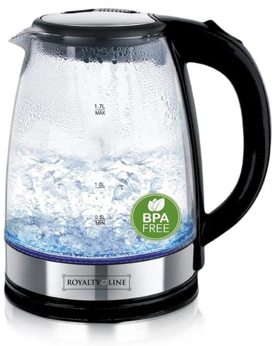Royalty Line® GWK2200 Waterkoker - 1.7 Liter Waterkettle - Glazen Waterkoker met Blauw Led Verlichting - 2200W - RVS / Glas