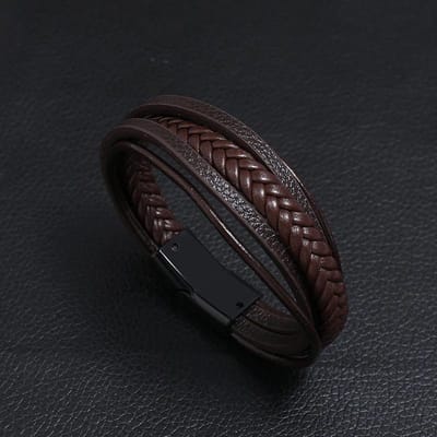 Heren Armband Leer met Enkele Vlecht - Bruin met Zwarte Sluiting - Papa Cadeau Voor Mannen - Vaderdag