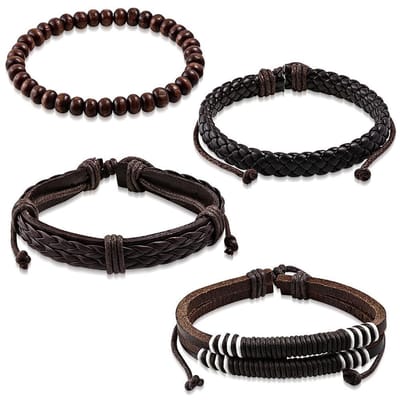 Amanto Armbanden Aiza - Leer - Touw - Kralen - 4-delig - 20 -23cm