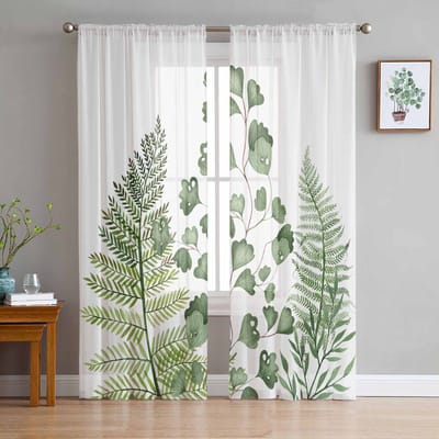 Groene Varen Planten Tule Raamgordijnen voor Slaapkamer Luxe Huisdecoratie Gordijnen in Woonkamer Chiffon Panelen 135W x 114H(cm) white