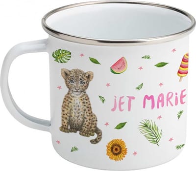 World of Mies emaille mok met naam - Alpaca leeuwtje luipaardje - Gepersonaliseerde drinkbeker - kraamcadeau - Dieren in aquarel - Geschilderd door Mies