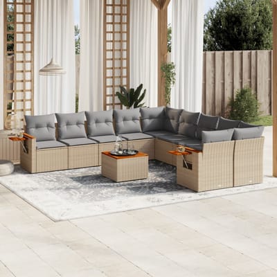 vidaXL - 11-delige - Tuinset - met - kussens - poly - rattan - beige
