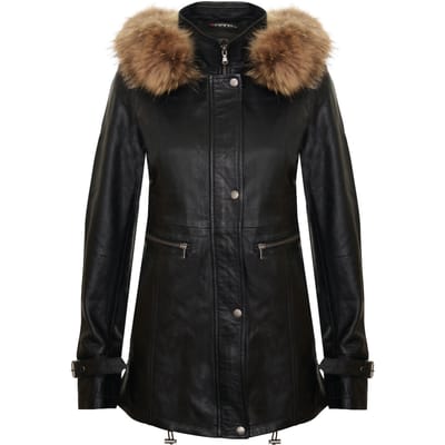 Dames warm leren parkajack met capuchon-Northwich