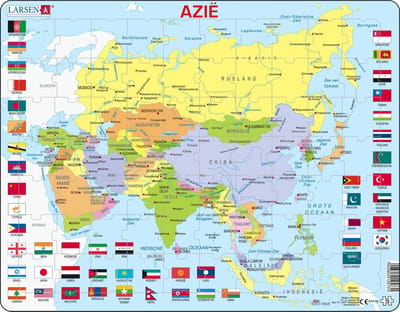 Larsen Azië met vlaggen – Puzzel – Kaarten & Geografie – Vlaggen – Educatieve legpuzzel voor kinderen – 70 stukjes – Gemaakt in Noorwegen – Extra dikke 2,5 mm stukjes – Tray met vaste rand