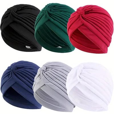 6 stuks Zachte & Gezellige Dames Geplooide Turbanmutsen - Elastisch, Comfortabel, Geurloos Hoofddoeken voor Chemo, Effen Kleuren, Mixpakket black
