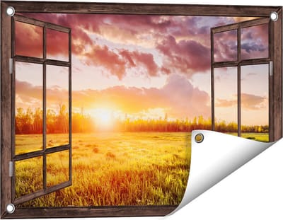 Gards Tuinposter Doorkijk Zonsopkomst in het Veld - 60x40 cm - Tuindoek - Tuindecoratie - Wanddecoratie buiten - Tuinschilderij