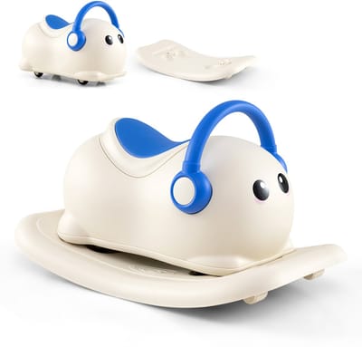 COSTWAY Hobbelpaard, kinderwip met wielen en verborgen opbergruimte, schommeldier met afneembare balanceerplaat, 3-in-1 glijauto voor kinderen vanaf 1 jaar