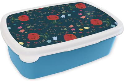 Broodtrommel Blauw - Lunchbox - Brooddoos - Regenboog - Bloemen - Design - 18x12x6 cm - Kinderen - Jongen