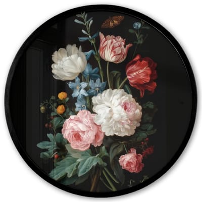 Poster in lijst Rond - Fotolijst 40x40 cm - Posters - Boeket - Kleurrijk - Klassiek - Ronde posterlijst zwart - Decoratie - Wanddecoratie woonkamer - Muurdecoratie slaapkamer