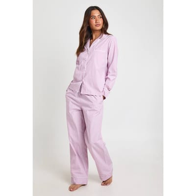 boohoo Dames Katoenen Popeline Krijtstreep Pyjama Set Met Shirt Met Lange Mouwen & Broek | Pink | Maat: 6
