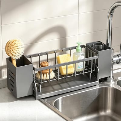 Ruimtebesparende keukenorganizer met sponshouder en vaatdoekhouder voor gootsteen, ideaal voor afwasmiddel en borstels