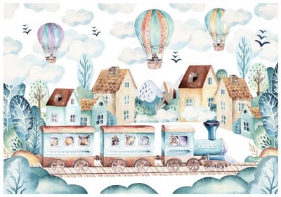 WALLARENA - Fotobehang - 150x105 cm - Scandinavisch kinderthema met trein en ballonnen