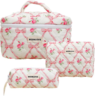3pcs Roze Cosmetica Tas Set - Grote Reis Tas met Bloemen Ontwerp - Gevoerde Katoenen Toilettas voor Vrouwen en Meisjes - Aesthetisch Coquette Ontwerp voor Verzorging en Reizen