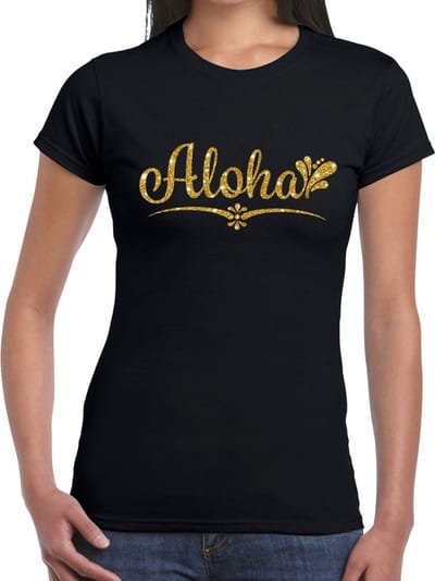 Hawaii verkleedkleding T-shirt - Aloha - zwart - voor dames - met gouden letters - Tropical party kleding XS