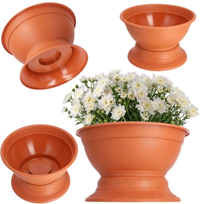 KADAX Bloemenschaal met standaard, weerbestendige plantenschaal van kunststof, kogelschaal voor chrysanten, viooltjes, bloemenvaas, diameter 18 cm, terra