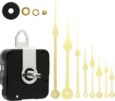 Kwarts uurwerk voor doe-het-zelf wandklok, werkt op batterijen, inclusief vervangingsonderdelen voor doe-het-zelf reparaties, met 4 sets wijzers, totale aslengte 29/32 inch, gouden wijzers.